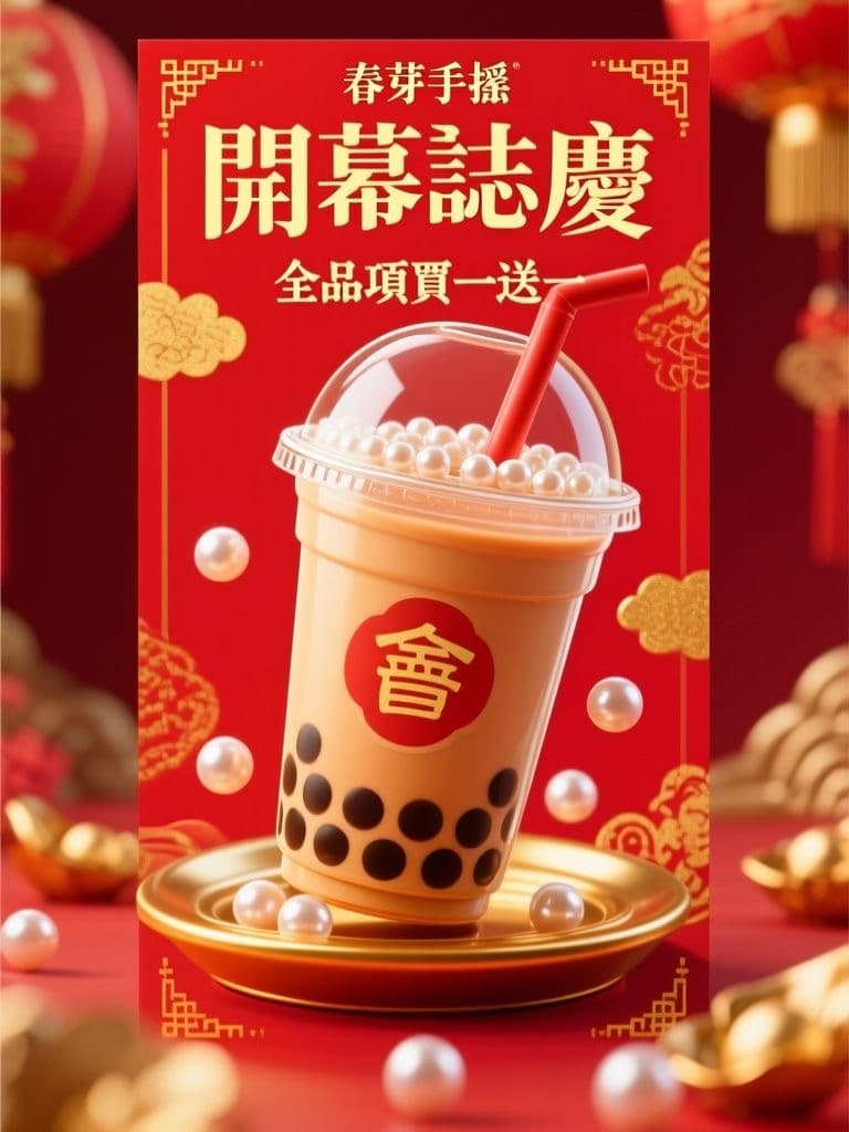Bubble Tea Grand Opening Poster (Festive Red & Gold Pop)