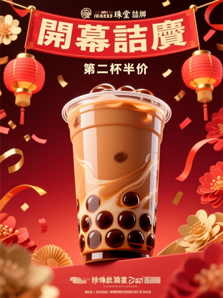 Bubble Tea Grand Opening Hero (Red-Gold Festive)