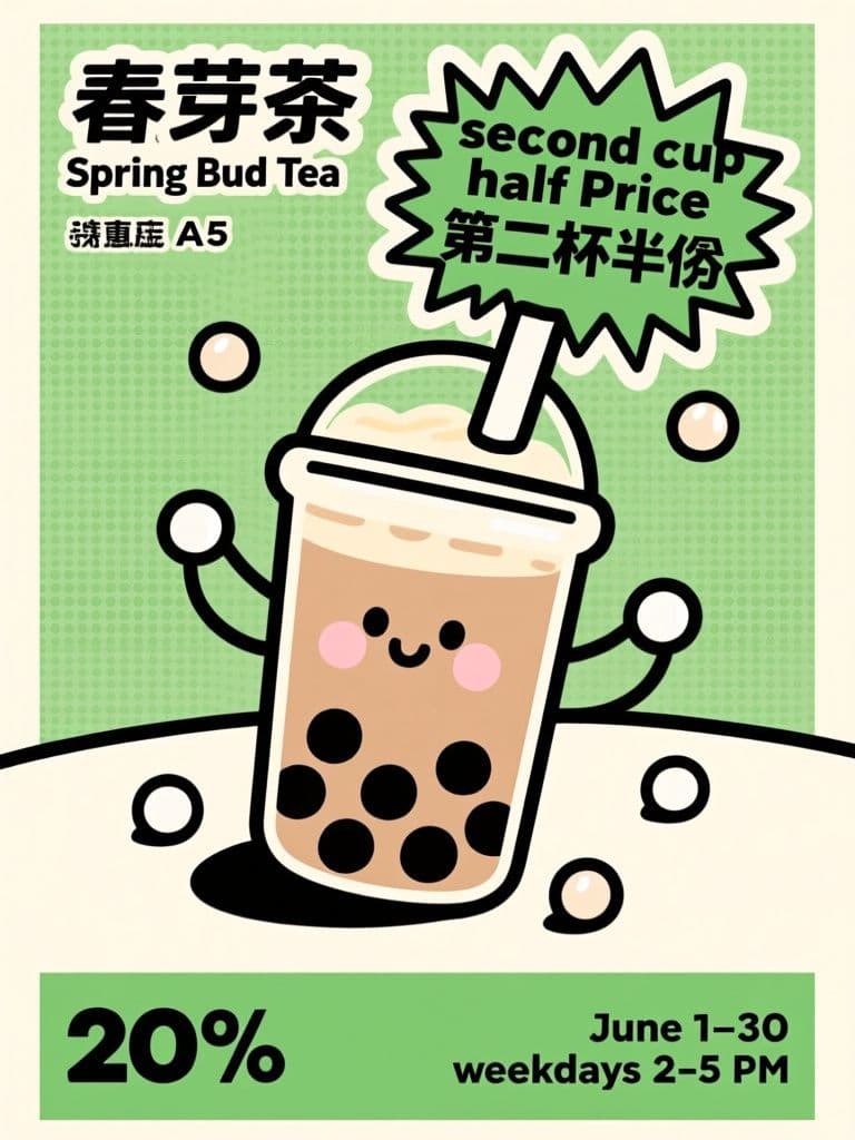 Bubble Tea 'Second Cup Half Price' Flyer (Pop Art Illustration)